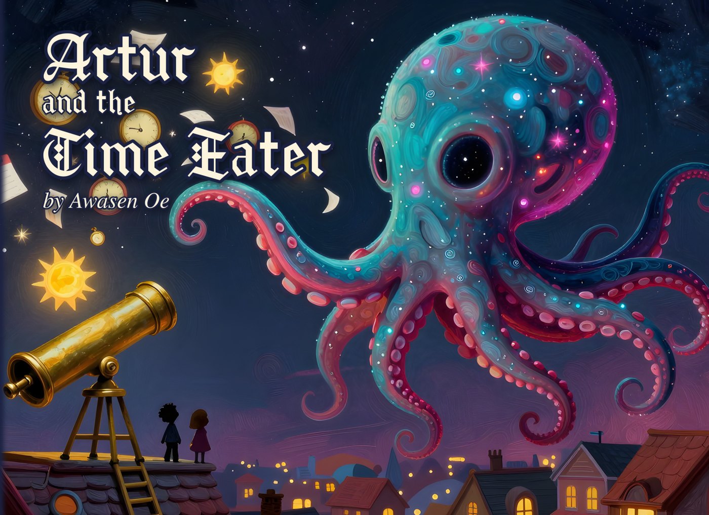 The cover of Artur and the Time Eater: a giant starry octopus over the rooftops at night, and a girl and her father on a roof with a big brass telescope