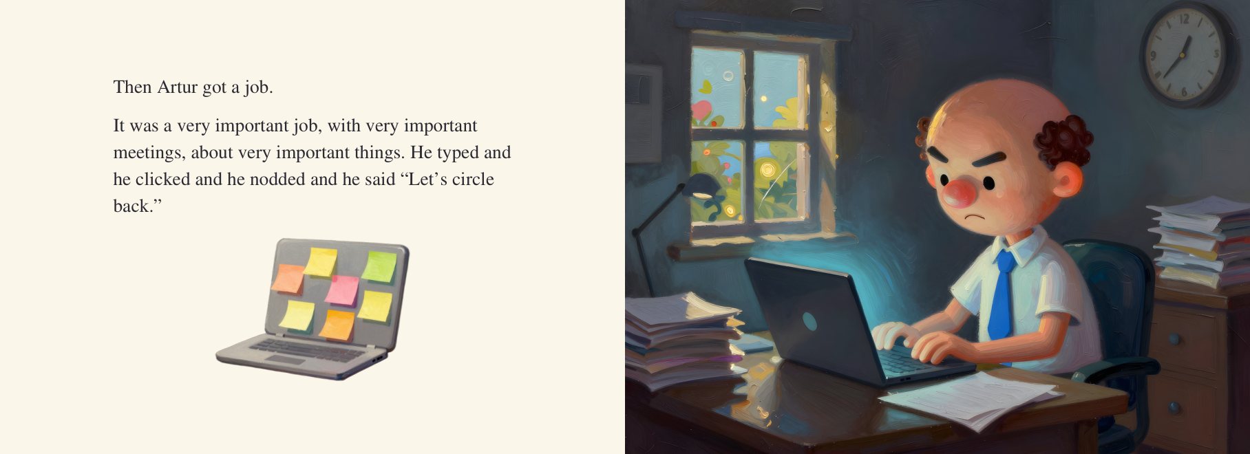 A spread from the book: Artur gets a very important job and frowns at his laptop