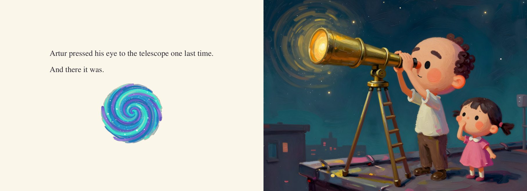 A spread from the book: Artur and Eleni on the roof, Artur looking through the big brass telescope